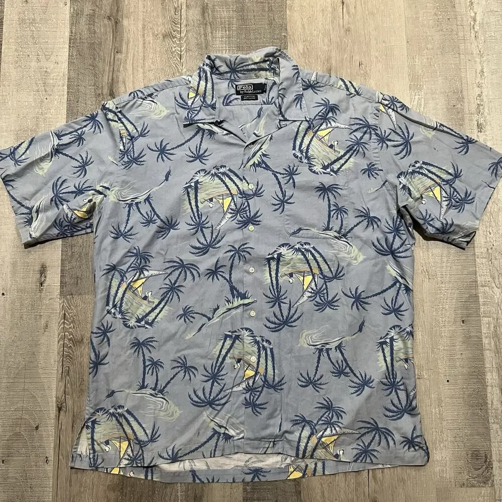 VTG Polo Ralph Lauren 90s Clayton Sailing Hawaiian Canoe Loop Collar Camp Shirt